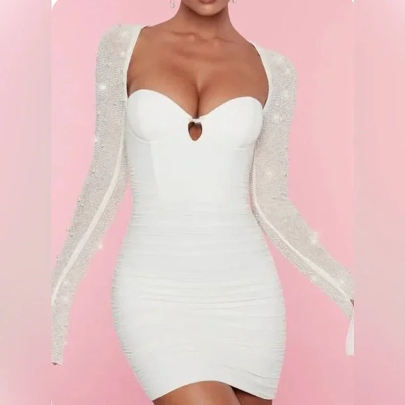 Embellished Long-Sleeve Mini Dress in White - 4 / Regular | Oh Polly